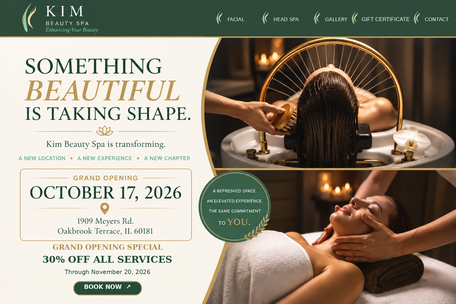 Kim Beauty Spa Grand Opening special: 30% off all services through November 20, 2026, in Oakbrook Terrace, Illinois.