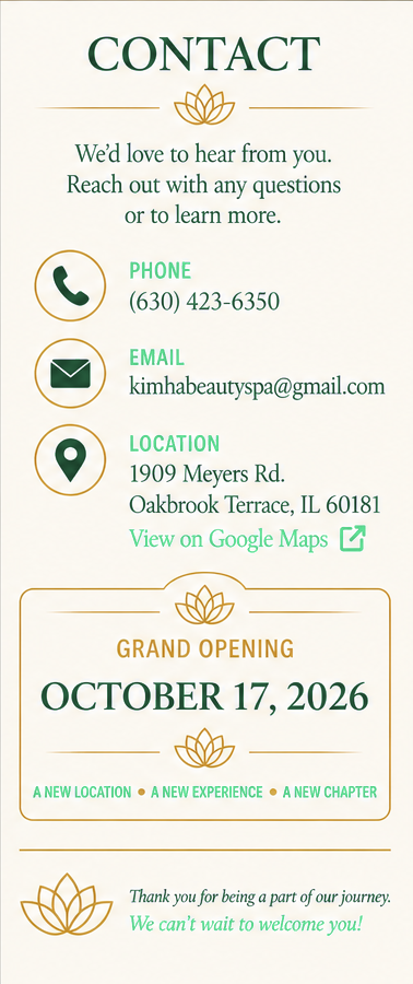 Kim Beauty Spa contact information and grand opening announcement.