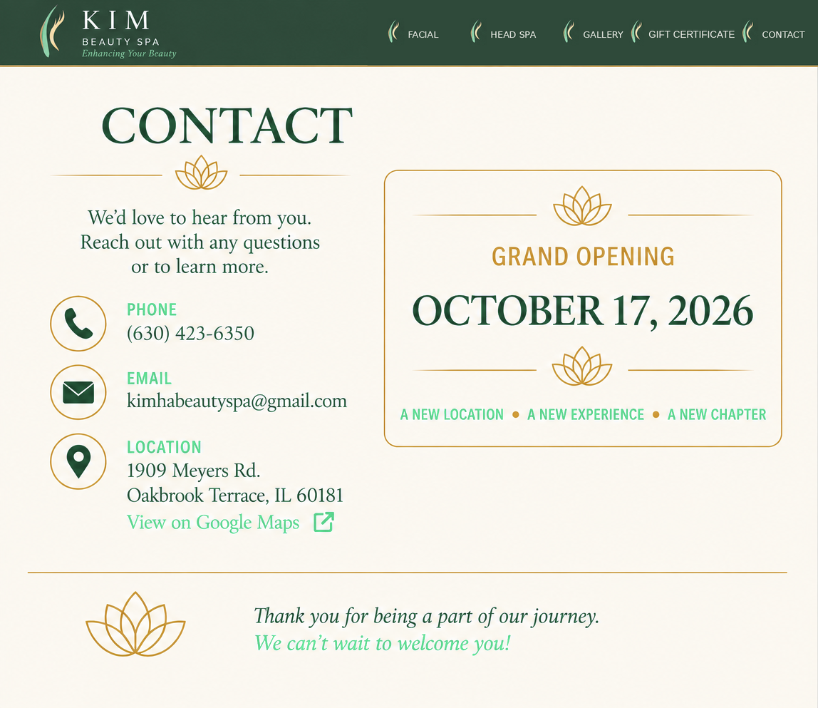 Kim Beauty Spa contact information and grand opening announcement.
