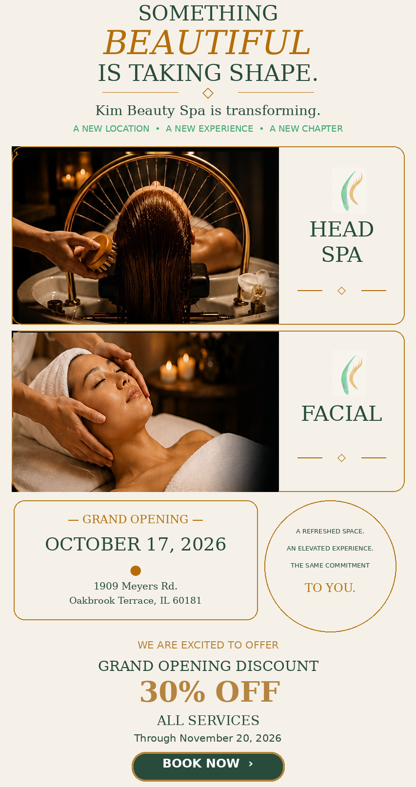 Kim Beauty Spa Grand Opening special: 30% off all services through November 20, 2026